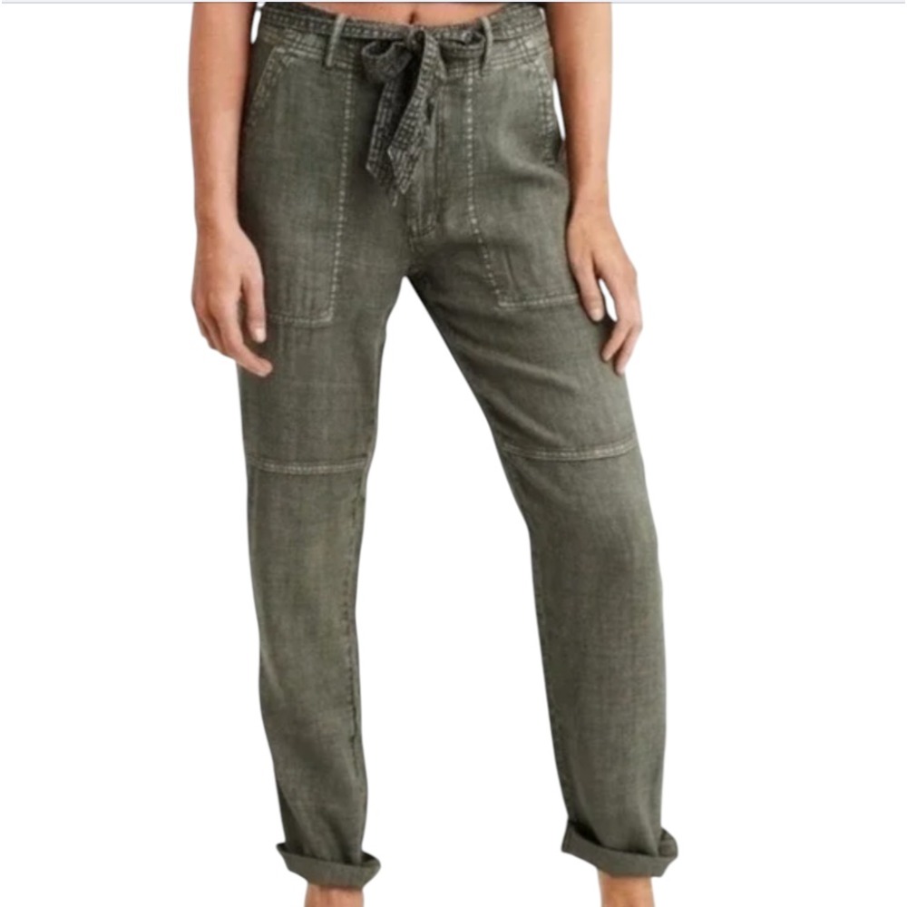 AMERICAN EAGLE Linen Blend Pants TIE BELT SLOUCHY TAPER Hi-Rise Sage Green 4-R
